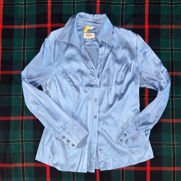 Talbots 14 Blue Satin Stretch Silk Button Front Blouse - Picture 1 of 7